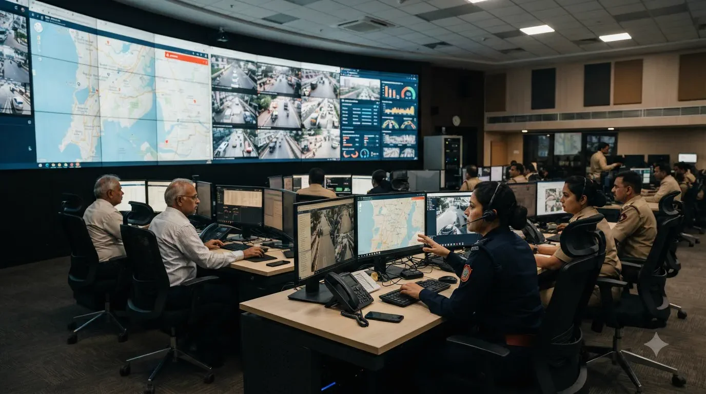 City control room with surveillance monitoring screens