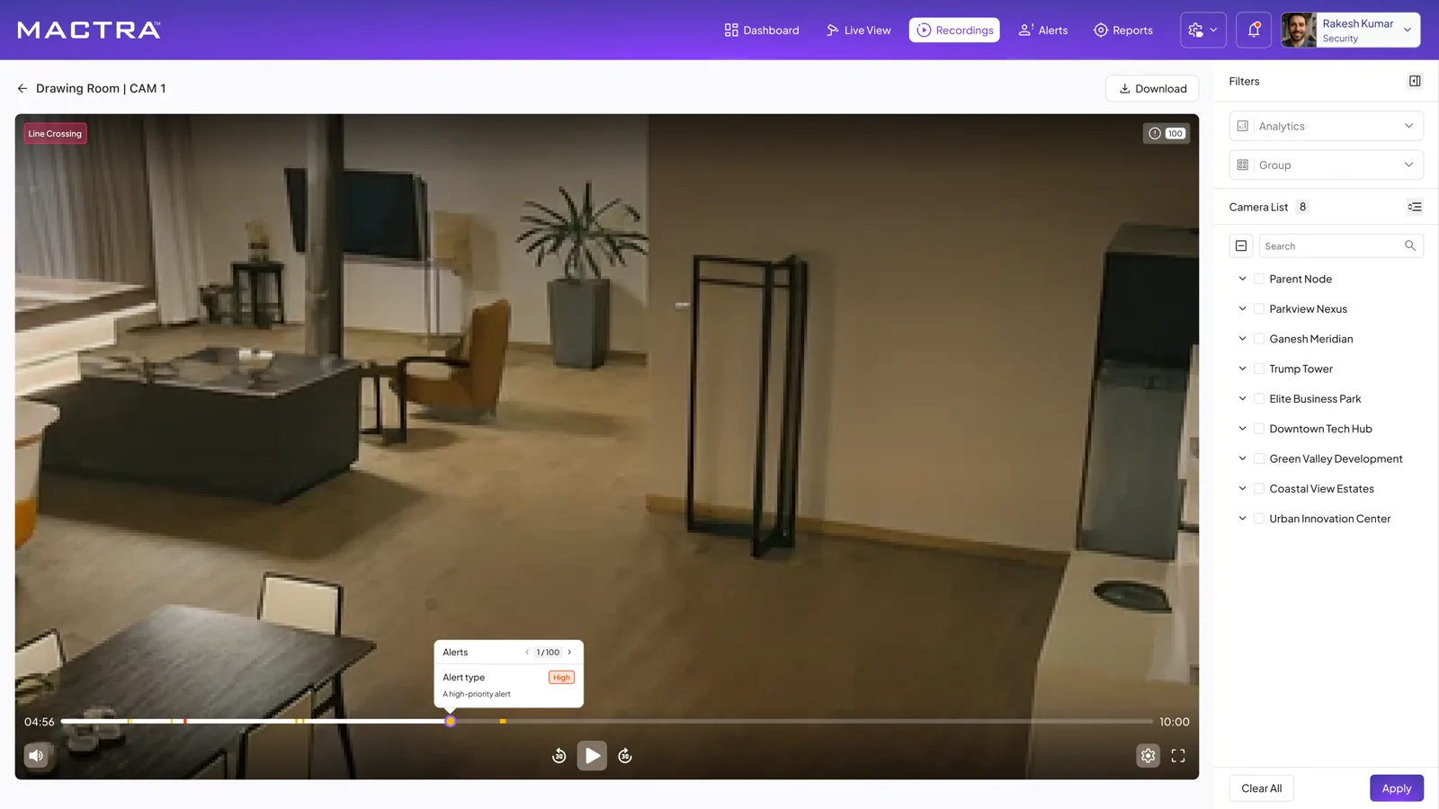 MACTRA VMS — recording playback with alert timeline